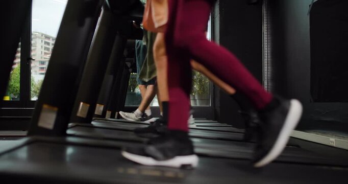 Group of friends working out together at a fitness center using treadmill machines during morning exercise session