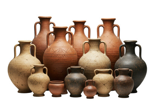 Ancient antique clay vessels: amphorae, pithoi, earthenware pots, weathering, cracks, patina, transparent studio background, historical texture study concept