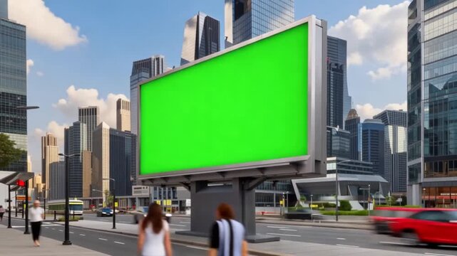 Green billboard on city street with cars and pedestrians passing