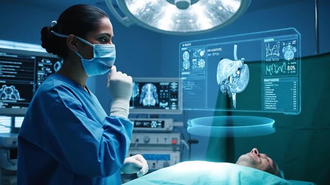Surgeon helps patient on operating table by using a holographic AI agent to access important data during a medical procedure in a modern hospital