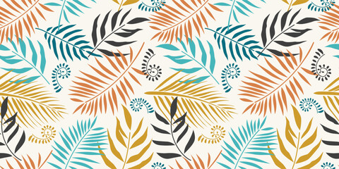 Seamless pattern with botanical leaves tropical vibes, monstera and palm for textile design and summer apparel © Noegraha