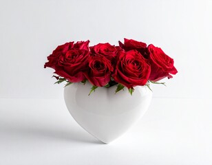 Bouquet de roses rouges dans un vase  blanc en forme de coeur. Isol&eacute; sur fond blanc. Generated Image. 