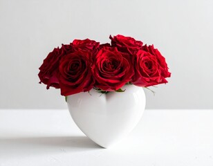 Fototapeta premium Bouquet de roses rouges dans un vase blanc en forme de coeur. Isolé sur fond blanc. Generated Image. 