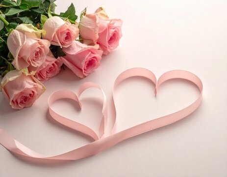 Bouquet de roses avec ruban formant des coeurs dans une ambiance romantique. Generated Image. 