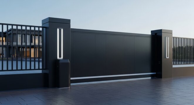 Imposing, jet black anthracite sliding security gate integrated into the high-tech perimeter fence of a sprawling, futuristic urban palace structure, exterior, steel, barrier
