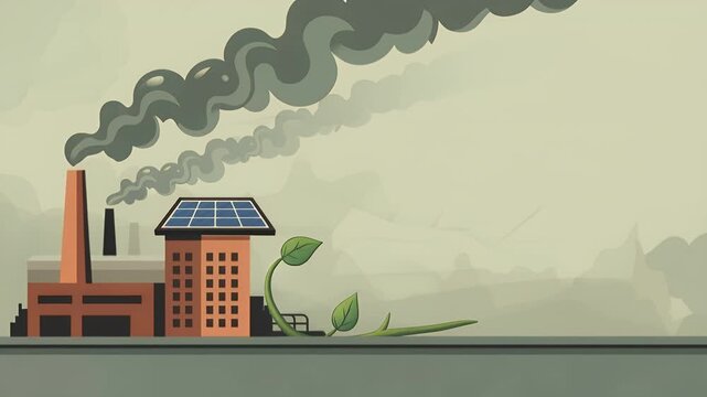 Conceptual animation of a polluting industrial factory transitioning to sustainable solar energy with green grass and trees growing after a person's hand places a solar panel on top of the building