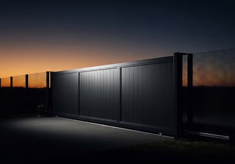 Modern anthracite sliding gate seamlessly integrated into a high-security perimeter fence, emphasized by dramatic cinematic lighting at dusk, estate, lighting, dusk