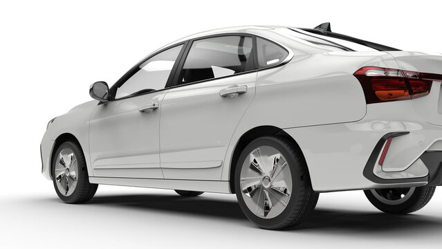Modern elegant electric car in clean white color - rear side cut shot