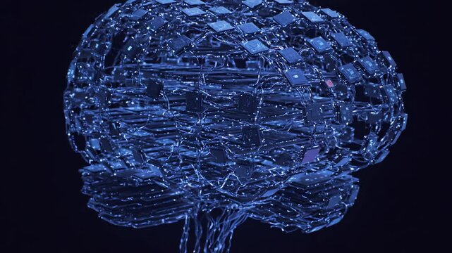 Artificial Intelligence Brain Composed of Glowing Circuit Board Microchips and Interconnected Wiring Network Pulsing with Digital Light