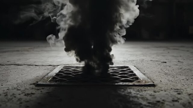Dark smoke billows up from a metal grate on a textured concrete surface