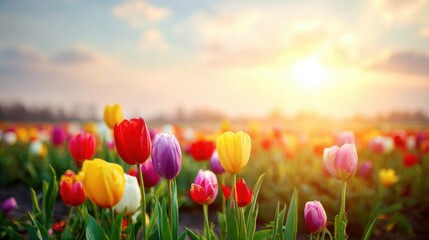Bright tulips glowing in early spring sunrise. Fresh petals and green stems in soft focus floral field. Springtime atmosphere, renewal, nature awakening background © Emilio
