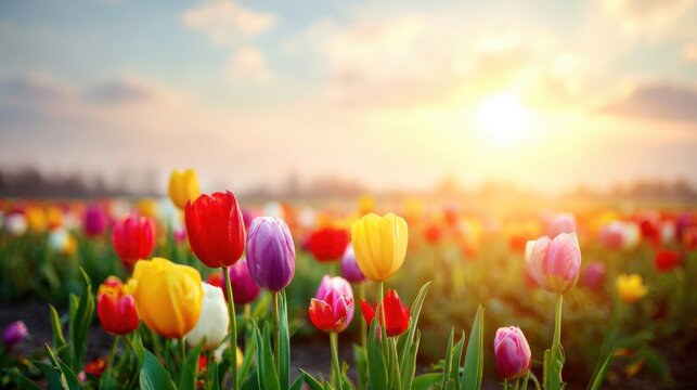 Bright tulips glowing in early spring sunrise. Fresh petals and green stems in soft focus floral field. Springtime atmosphere, renewal, nature awakening background