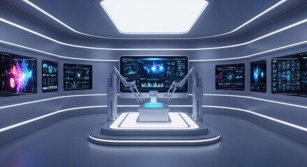 Fototapeta premium Sleek, sterile chamber designed for advanced microscopic robotic therapy, featuring glowing displays and specialized medical equipment, room, health, laboratory