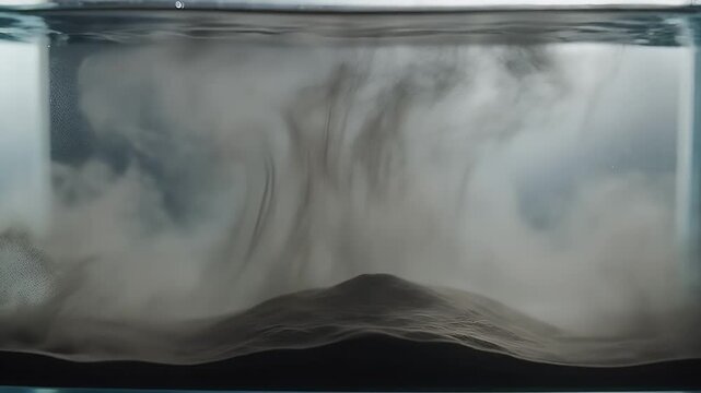 A dark cloud of sediment swirls underwater in a clear rectangular container
