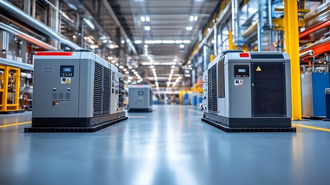 Industrial Power Generators Modern Factory Floor with Electrical Equipment.
