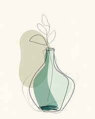 Botanical inspired oil bottle illustration in muted pastel green hues with hand drawn contour lines