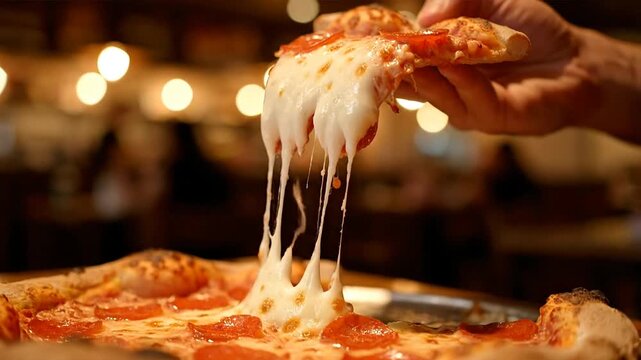 A hand lifts a slice of hot pepperoni pizza with melted cheese in a restaurant setting viewed from a close-up angle