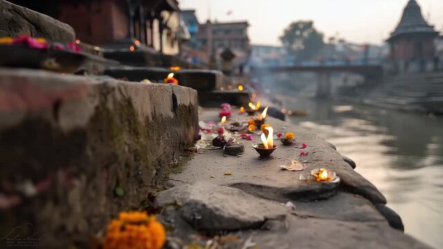 Low-angle riverside ghat scene at Pashupatinath, Kathmandu, focusing on stone steps meeting the Bagmati River, clusters of orange marigold flowers and floating petals