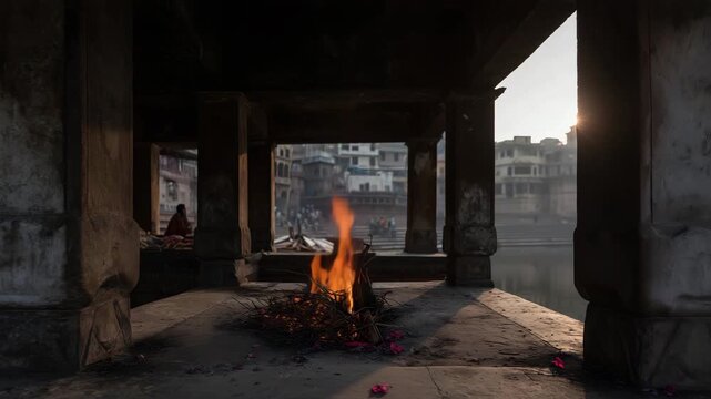  an ancient stone colonnade at a riverside ghat, camera positioned in a shaded passage, repeating pillars and beams, architectural, frame, frame composition, ancient, stone, colonnade, riverside, ghat