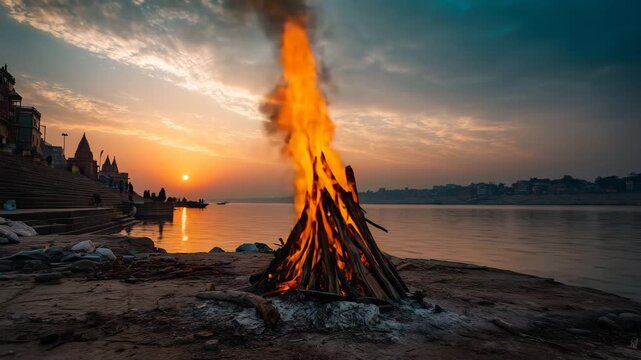 4K an Indian riverside ghat during twilight, cremation platforms stretching diagonally, indian riverside, ghat, twilight, cremation platforms, diagonal, 4k, river, water, spirituality, tradition