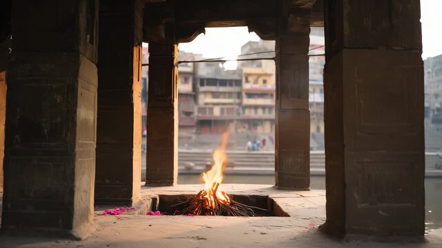 architectural frame-within-frame composition inside an ancient stone colonnade at a riverside ghat, camera positioned in a shaded passage, repeating pillars and beams