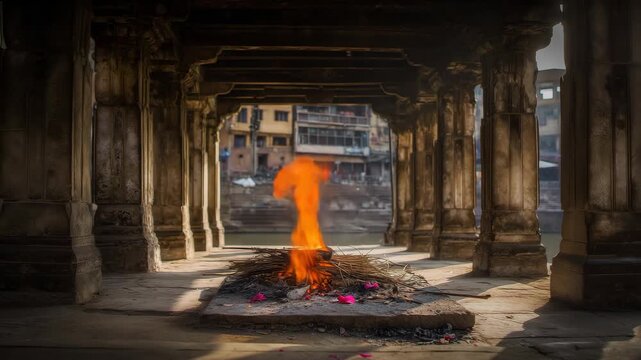 frame within frame composition inside an ancient stone colonnade at a riverside ghat, camera positioned in a shaded passage, repeating pillars and beam