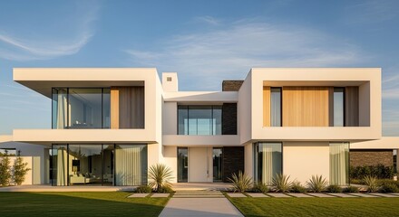 Modern two story house with large windows and flat roof white exterior green lawn blue sky background