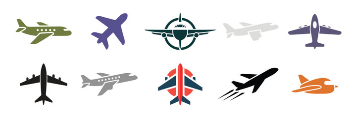 Modern airplane vector icon set with flat minimalist aircraft silhouettes for aviation travel airline and transportation design projects