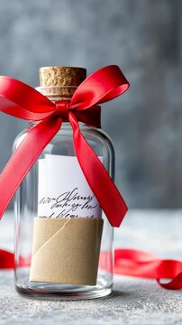 Red ribbon bottle with note and cork on textured surface ? elegant gift descriptive closeup