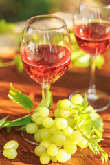 Two glasses of rose wine with green grapes and vine leaves on wooden patio table in sunlight