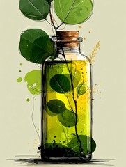 Minimal abstract oil bottle illustration with pastel green tones and organic fluid shapes on clean white background