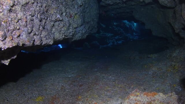 Underwater swim through rocky cavern with sun rays and reef fish Las Eras Tenerife travel destination