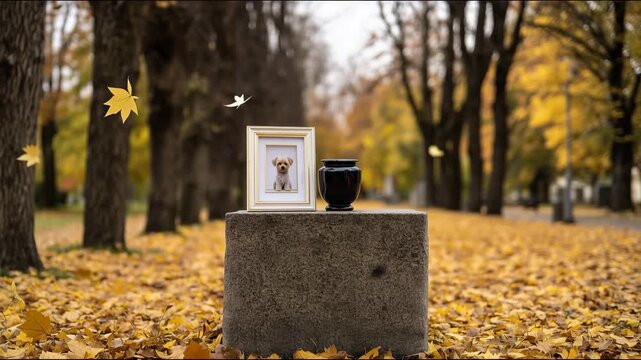 Pet memorial still life in an autumn park, wide-angle ground-level composition a rough rectangular stone pedestal centered in the frame, on top sits a glossy black ceramic urn on 