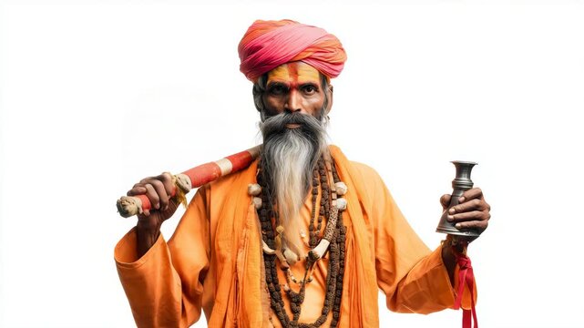 portrait of a Hindu ascetic in bright saffron clothing isolated on a seamless white background, subject centered, three-quarter to full torso visible, sharp 