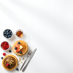 Realistic flat lay of pancakes with toppings arranged neatly