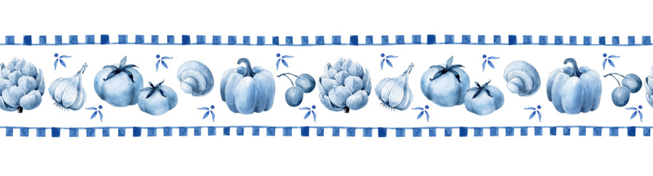 Seamless border with blue vegetables, hand-drawn in watercolor, on a white background.