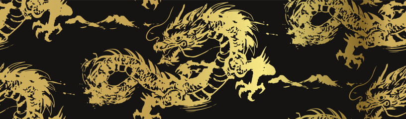 dragon japanese chinese seamless vector pattern ink golden design  © CharlieNati