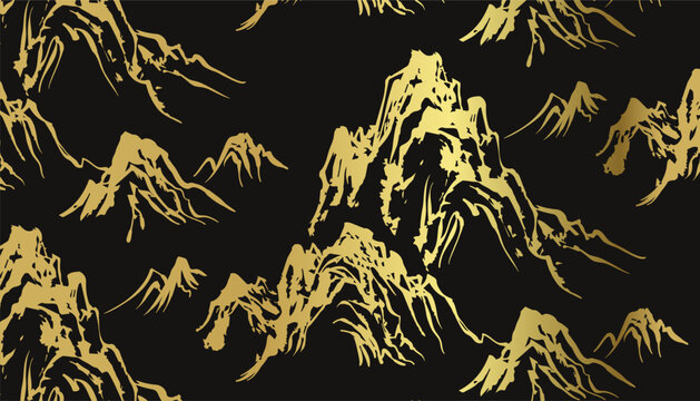 mountain cliffs japanese chinese seamless vector pattern ink golden design 