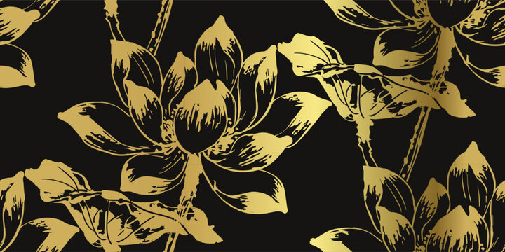 lotus flower japanese chinese seamless vector pattern ink golden design 
