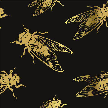 cicadas japanese chinese seamless vector pattern ink golden design 