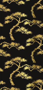 pine tree japanese chinese seamless vector pattern ink golden design 