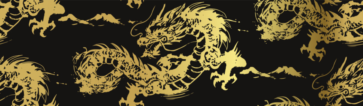dragon japanese chinese seamless vector pattern ink golden design 