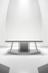 A sleek modern white display table with a marble-textured top and a grey base set against a curved minimalist white background