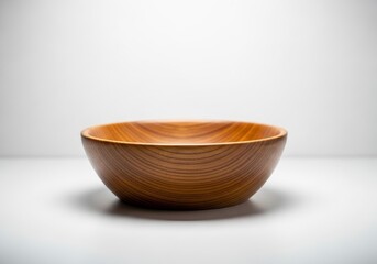 A single smooth wooden bowl with visible grain sits on a white surface against a light background