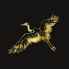 crane bird fly japanese chinese vector ink traditional asian golden design isolated