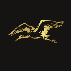 crane bird fly japanese chinese vector ink traditional asian golden design isolated