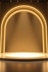 A golden-toned stage features a large glowing arched backdrop with concentric illuminated bands above a circular spotlighted platform and reflective floor