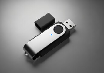 A black and silver portable data drive with an open swiveling cover and a blue indicator light on a grey surface