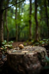 A patterned sphere rests on a mossy tree stump in a forest Blurred green trees and foliage are in the background with small mushrooms visible