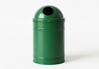 Obraz premium A dark green cylindrical waste receptacle with a domed lid and circular opening Horizontal ridges adorn its body and lid set against a white background with a shadow